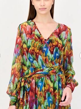 New Spy Zone Exchange Tropical Feather Long Sleeve Maxi Dress multicolor M Flowy